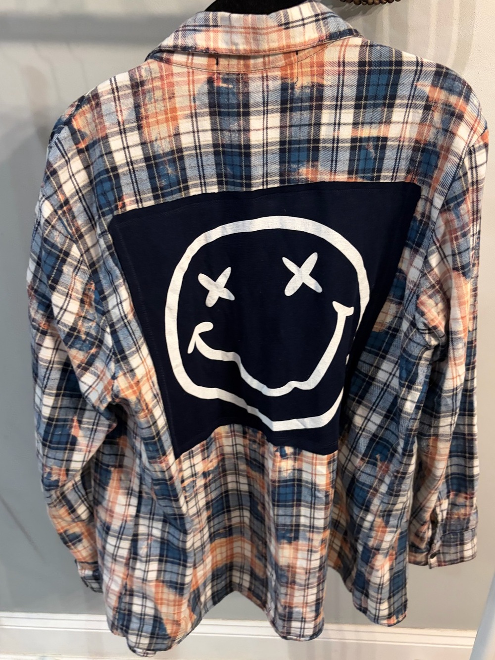 Vintage Havana Plaid Button-Down Shirt w/ bleach distressing and smiley face -M